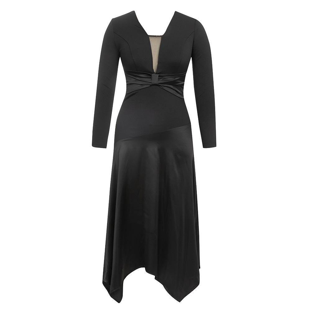 Women's Elegant Maxi Dress with Asymmetrical Hem and Subtle Mesh Inserts