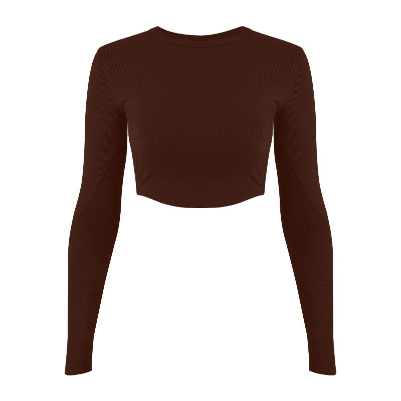 Women's stylish long sleeve crop top made of elastic ribbed material with round neckline
