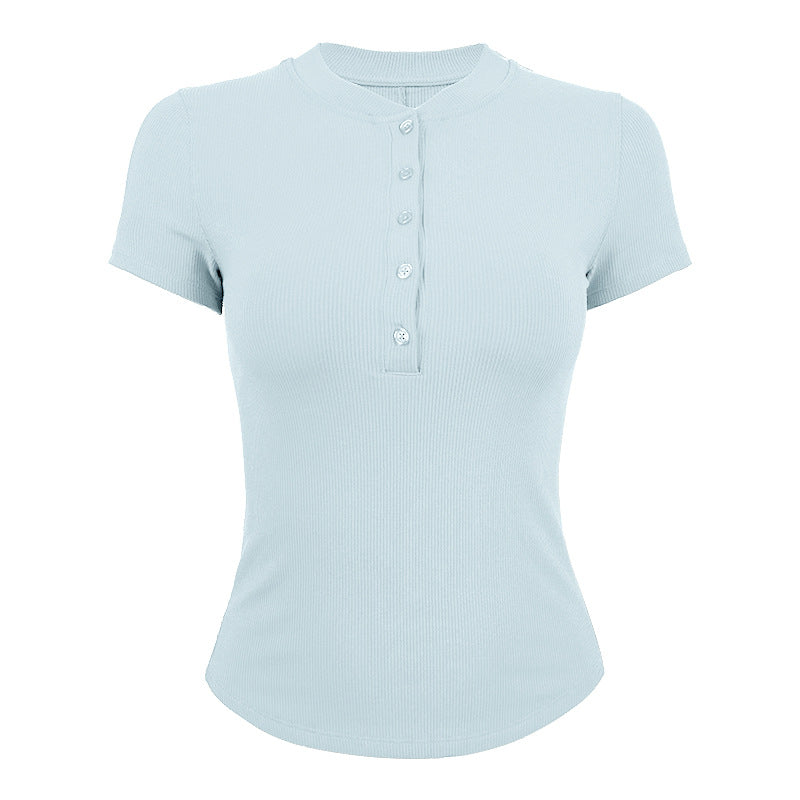 Ladies short sleeve shirt with elegant button placket and fine rib structure