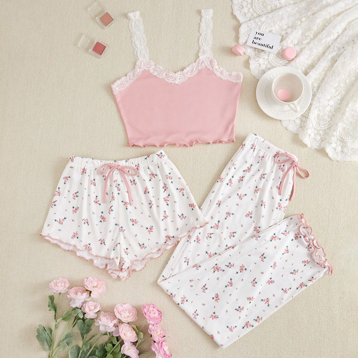 Ladies' pajama set with lace-trimmed straps and floral design