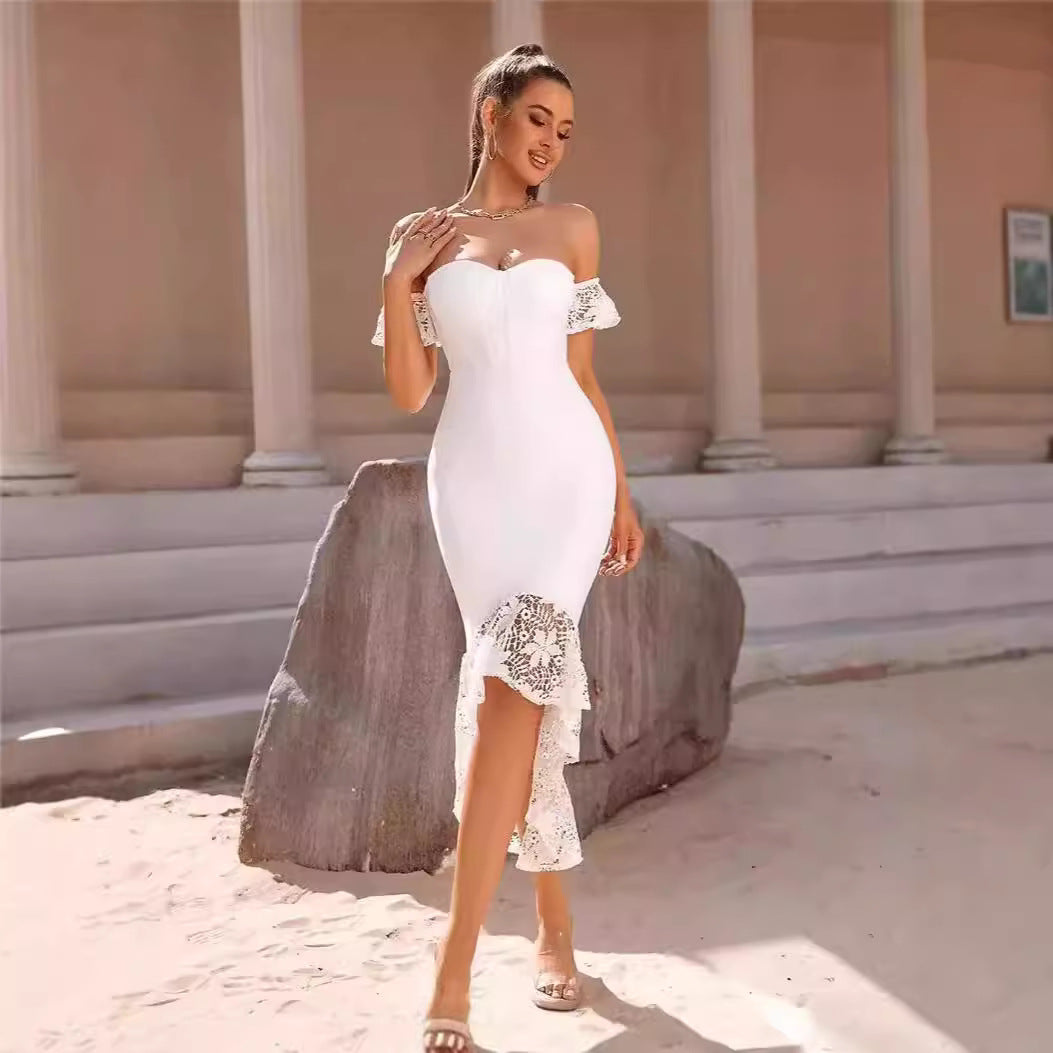 Ladies Elegant Lace Dress with Off-Shoulder Design and Figure-Fitting Corset