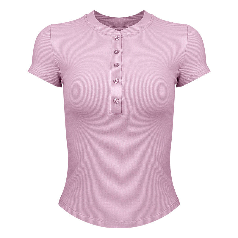 Women's modern short sleeve Henley shirt with button placket and fine rib structure