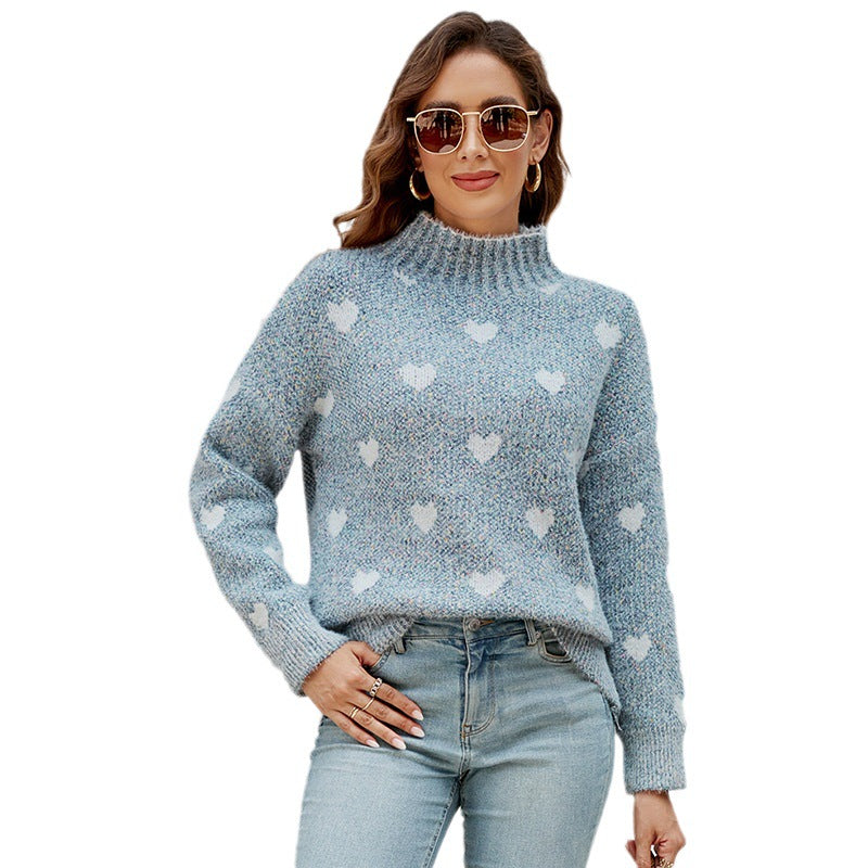 Women's fashionable knitted pullover with heart motif and high collar