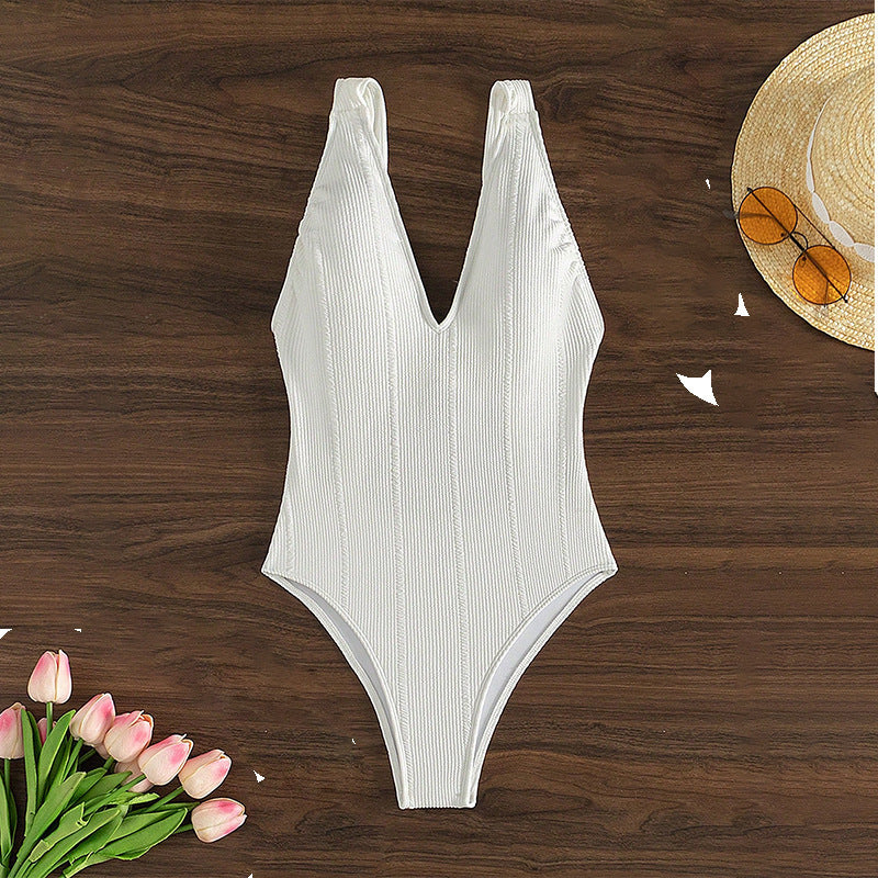 Women Ribbed V-Neck One-Piece Swimsuit