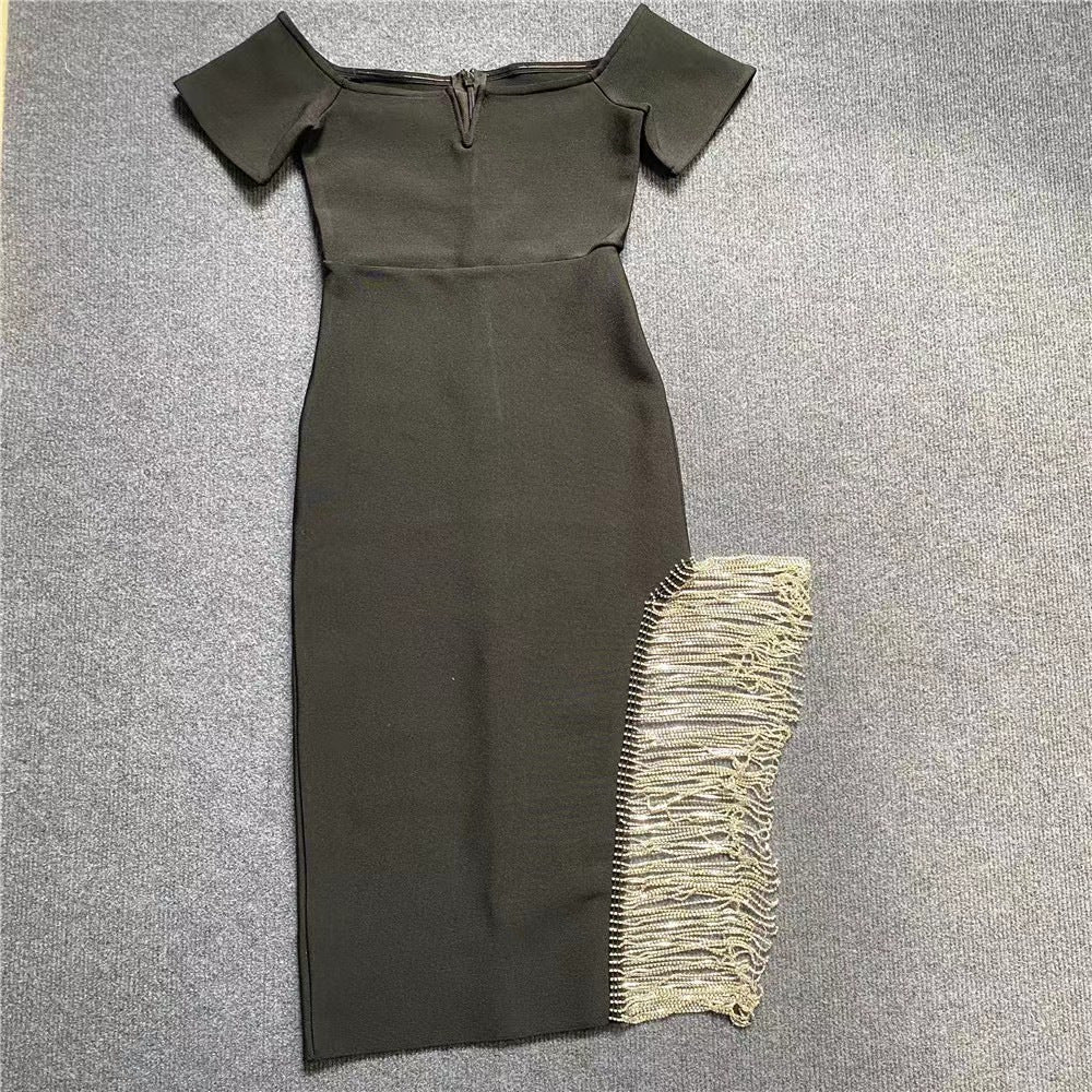 Women's Glamorous Evening Dress with Off-Shoulder Design and Glamorous Fringes