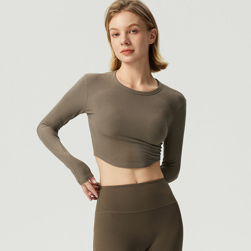 Women's stylish long sleeve crop top made of elastic ribbed material with round neckline