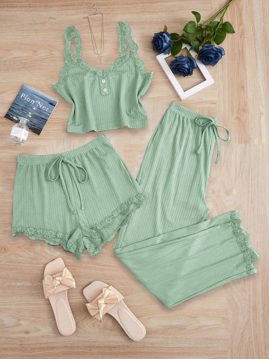Women's Fashion Pajama Set with Lace Accents