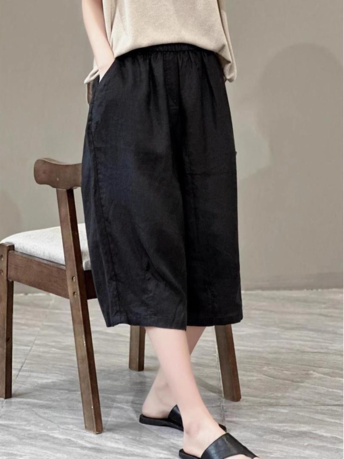 Women Relaxed Fit Linen Culotte Shorts