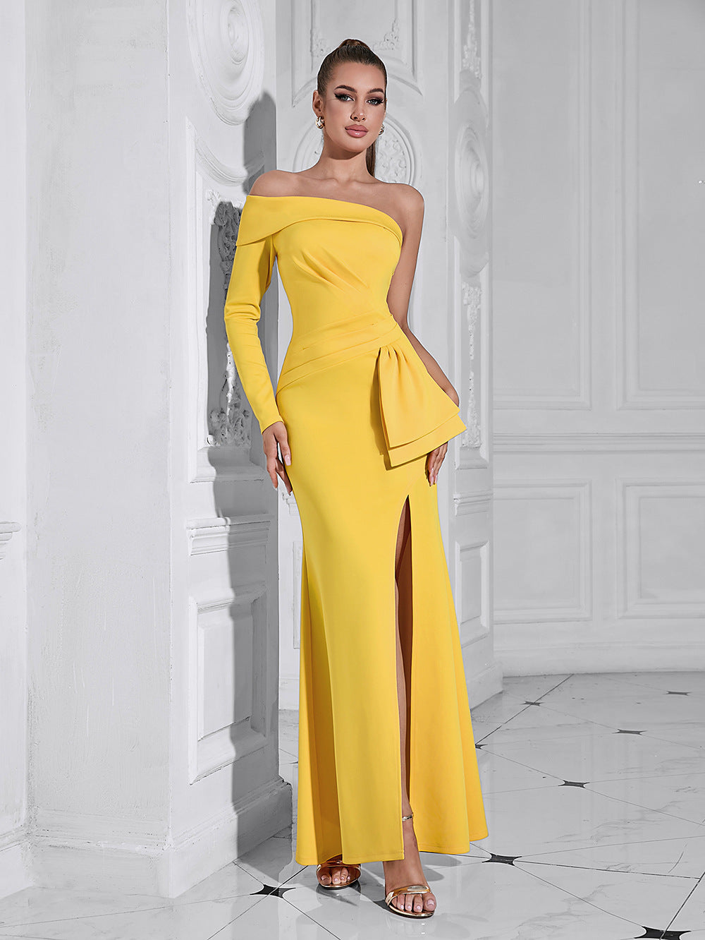 Ladies Elegant Evening Dress with Asymmetric Design and Fascinating Slit