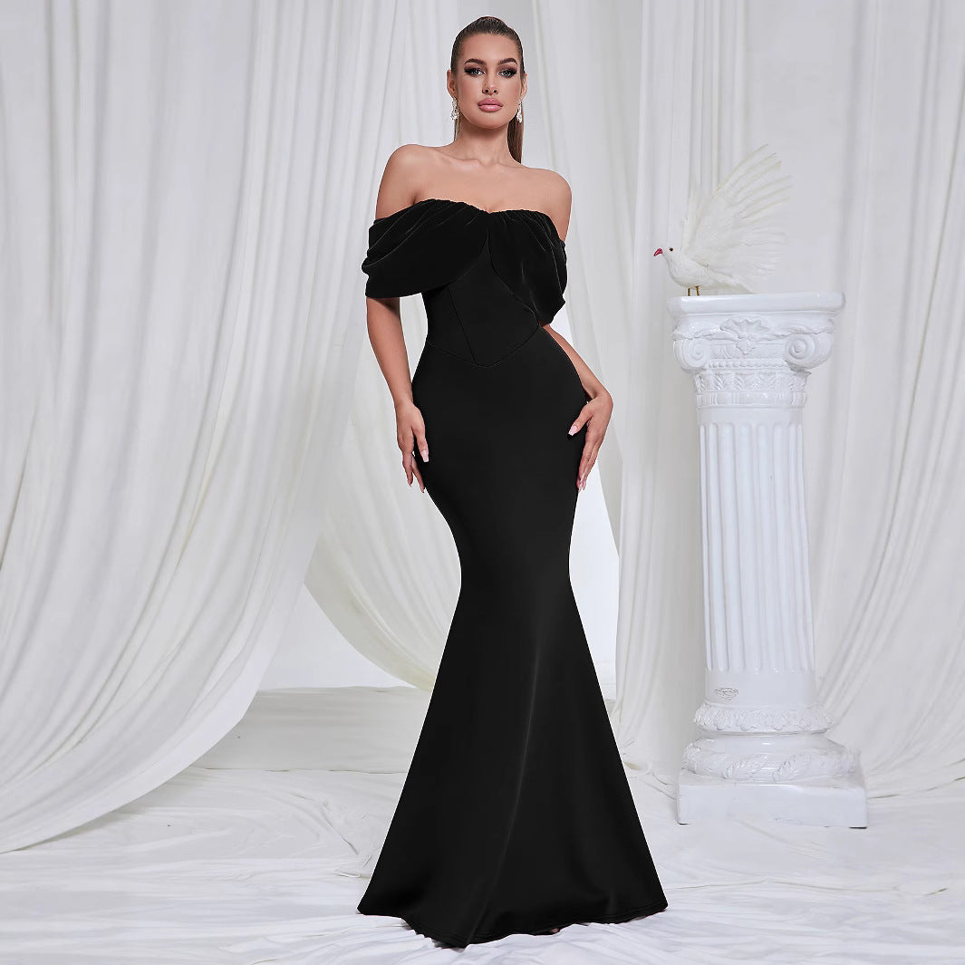 Ladies Elegant Mermaid Evening Dress with Off-Shoulder Design and Voluminous Puff Sleeves