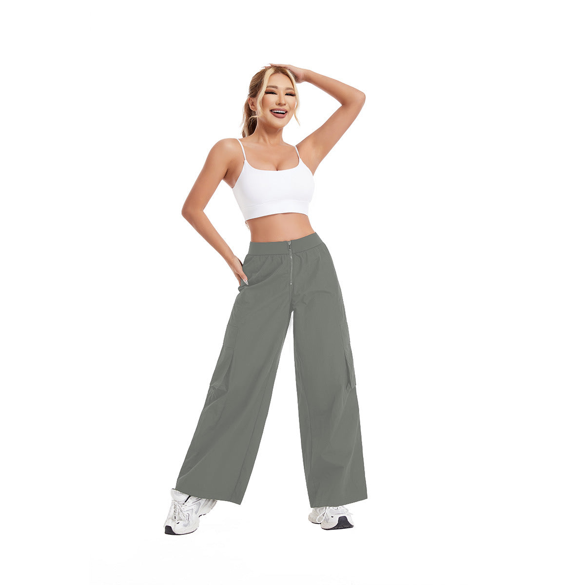 Women's High-Waisted Casual Cargo Pants with Wide Legs and Practical Side Pockets