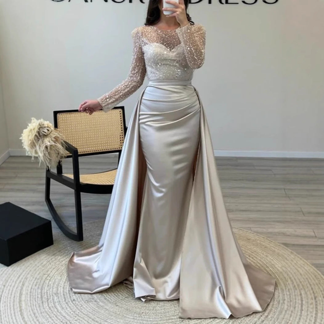 Women's Glamorous Evening Dress with Sparkling Beads and Flowing Skirt