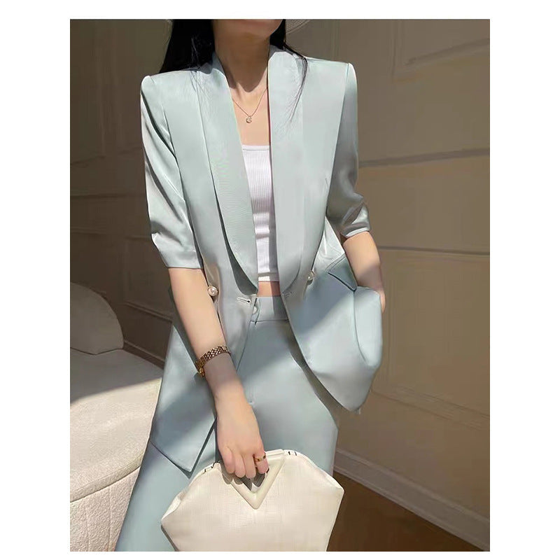 Women Satin-Look Tailored Blazer and Pantsuit