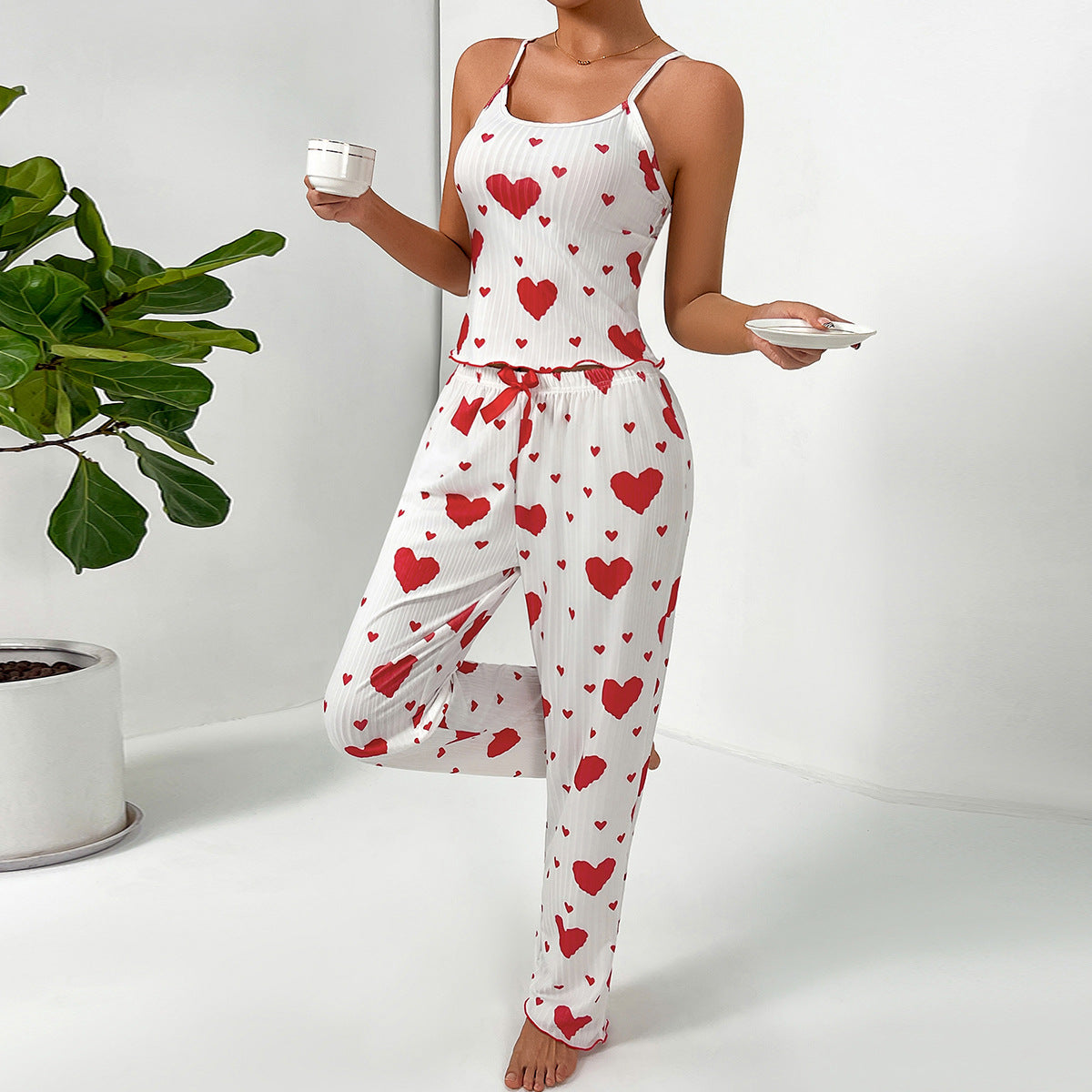 Women's pajama set with playfully textured heart motif
