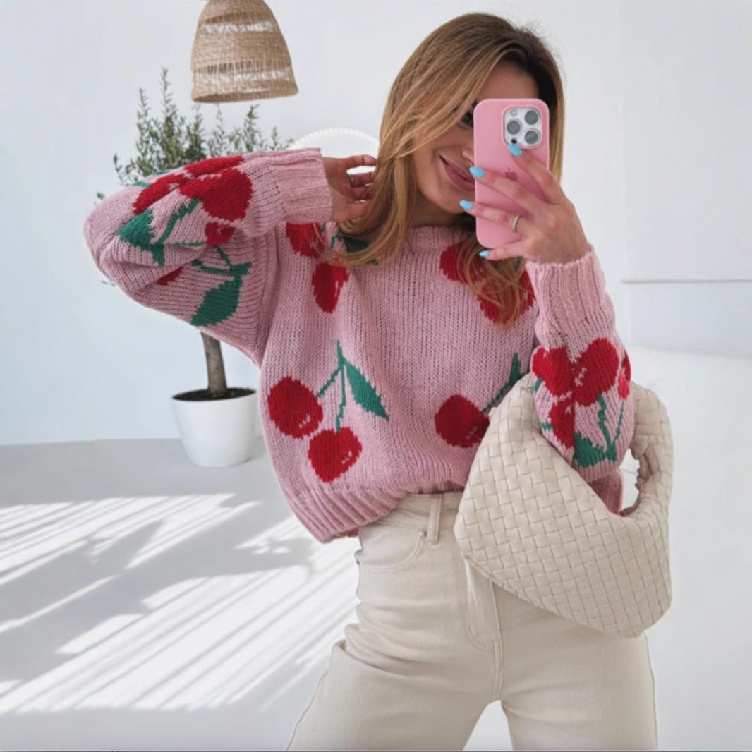 Women's casual pullover with fruity cherry pattern and soft knit