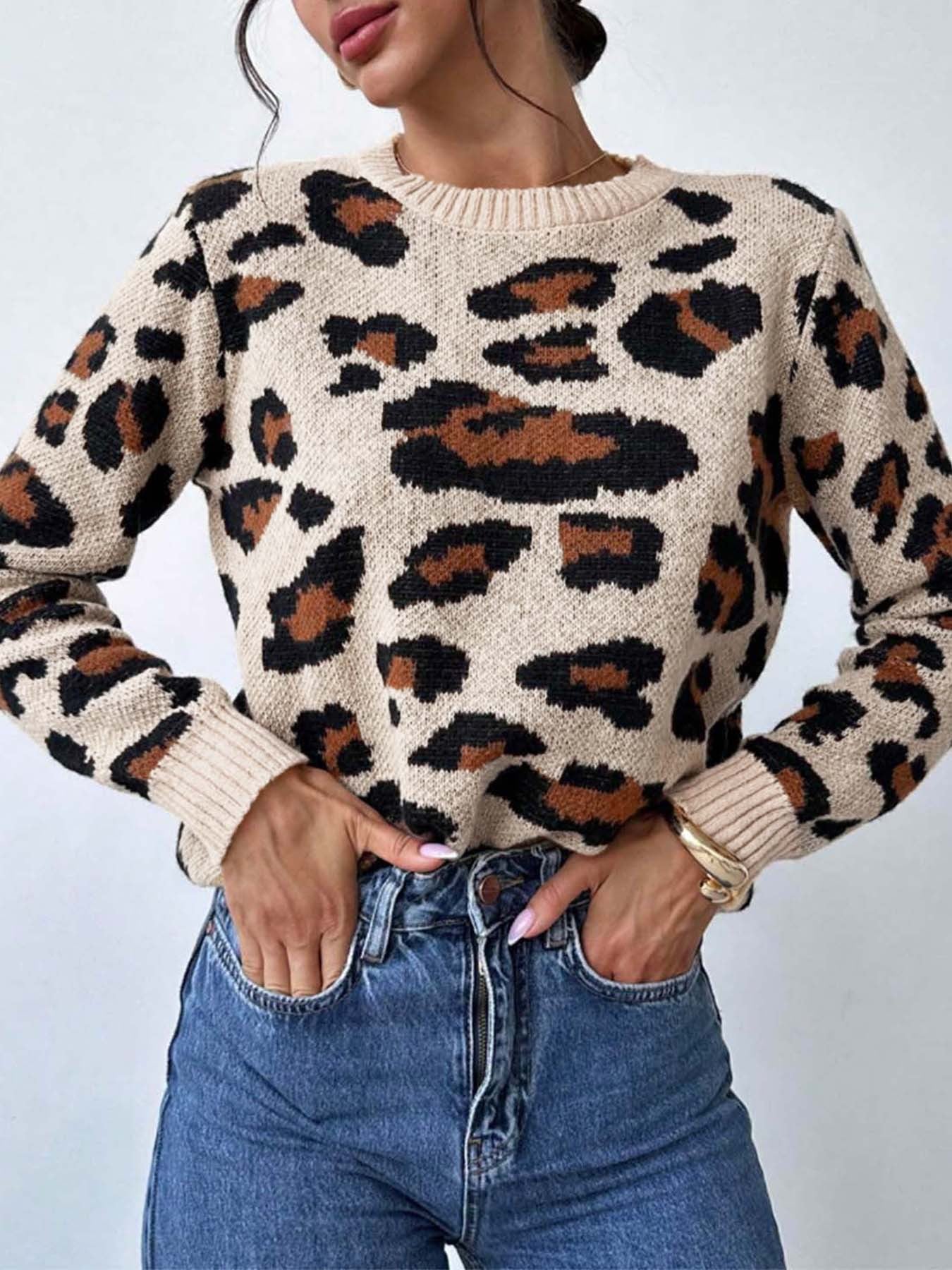 Women's cozy knit pullover with leopard pattern and dropped shoulders