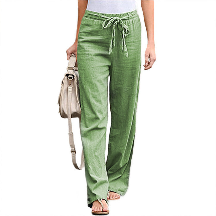 Women's comfortable linen pants with elastic waistband and adjustable tie belt