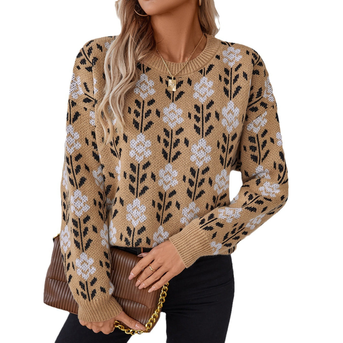 Women's casual pullover with floral pattern and round neck