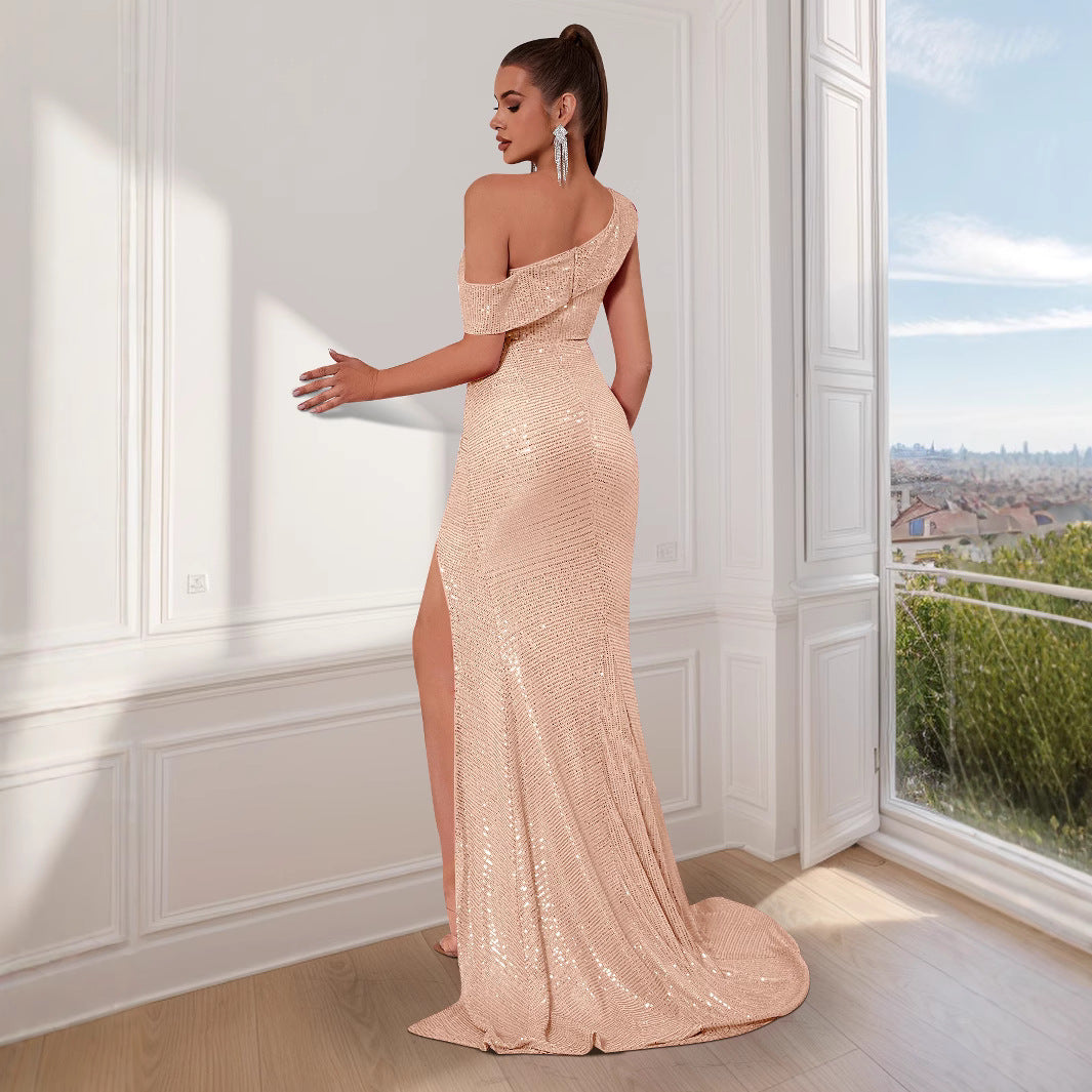 Women Glamorous Evening Dress with Asymmetric Strap and Sparkling Sequins