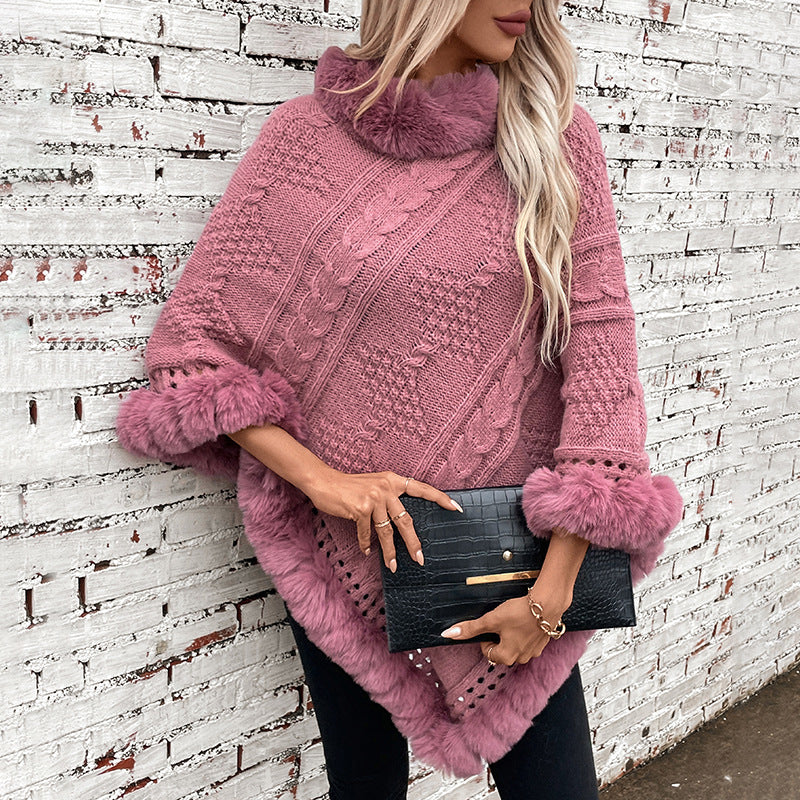 Women's cozy knitted poncho with velvety fur trim