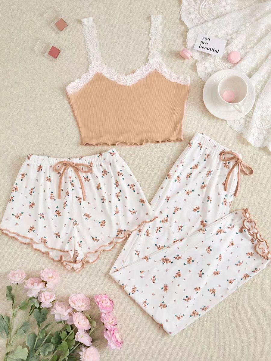 Ladies' pajama set with lace-trimmed straps and floral design