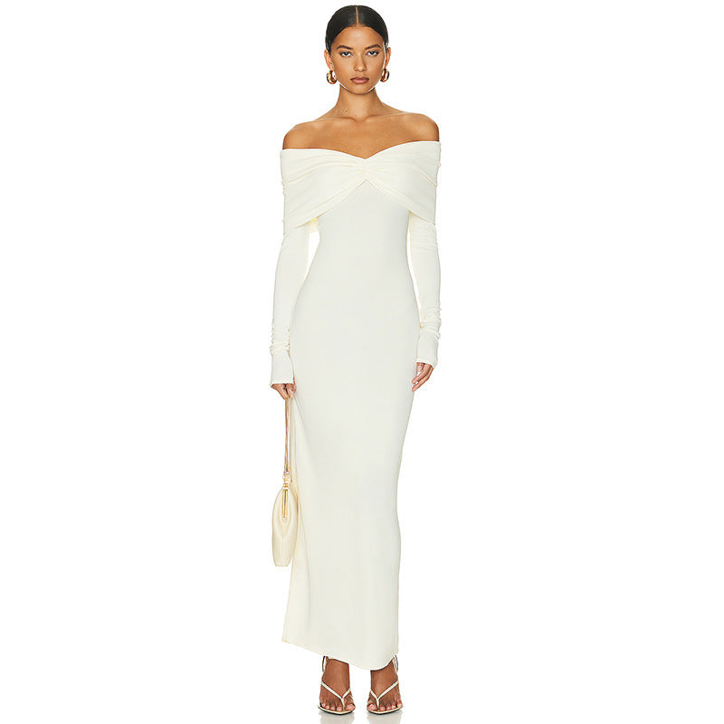 Women's Off-Shoulder Maxi Dress with Ruched Bodice and Long Sleeve