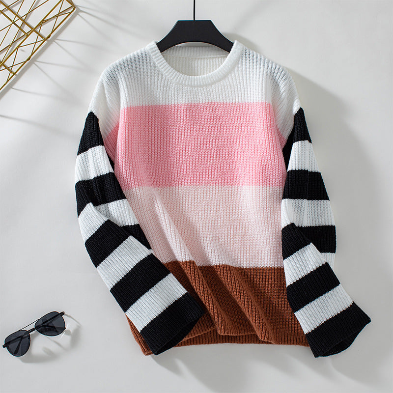 Ladies fashionable pullover with casual stripe pattern and loose fit