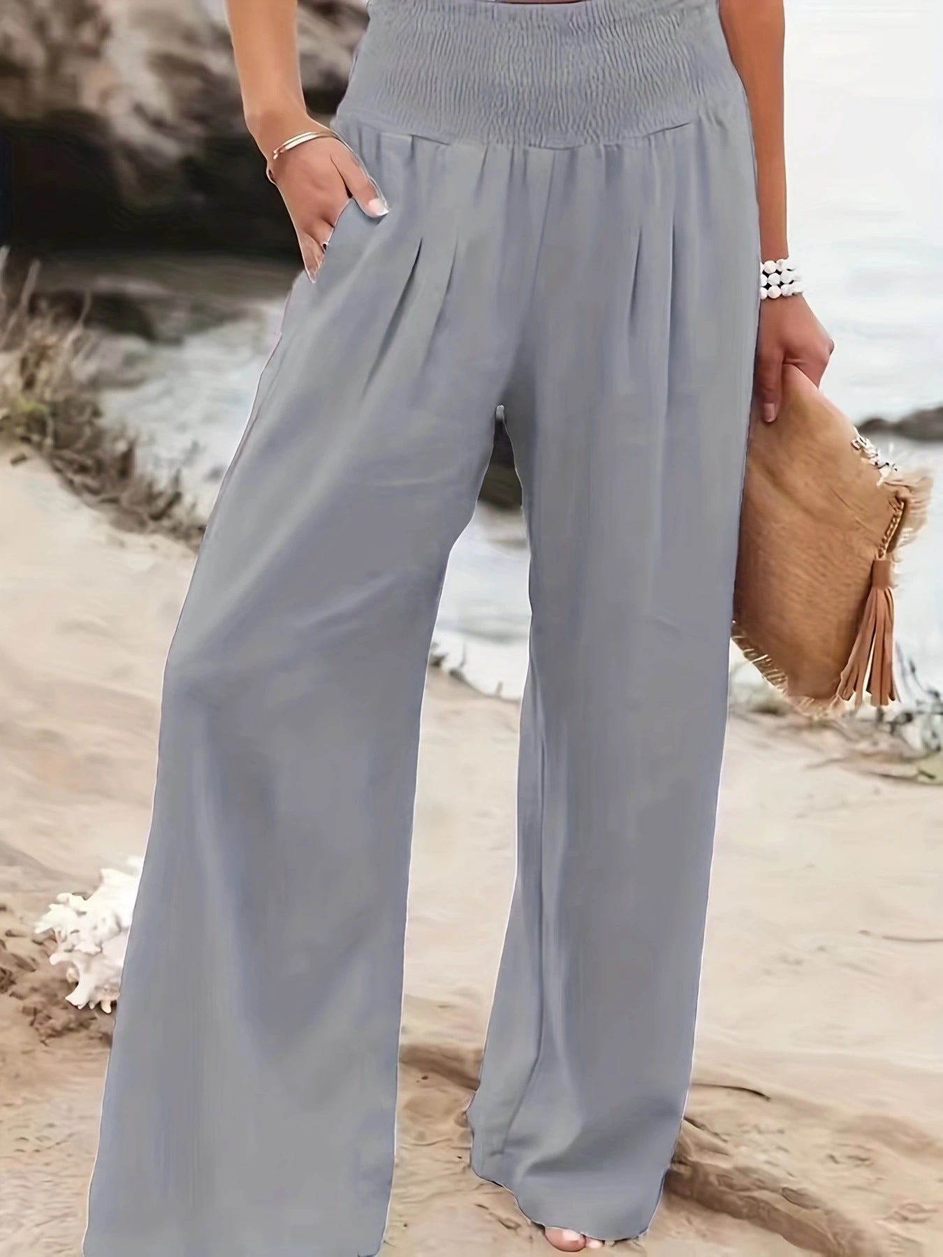 Ladies long, wide linen pants with elastic waistband