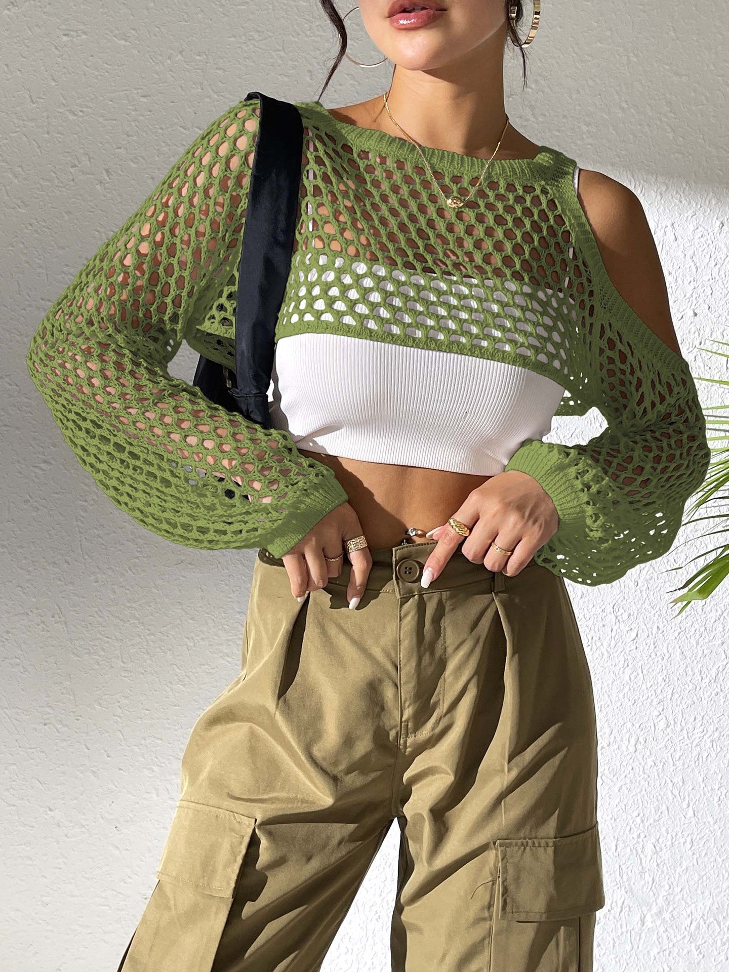 Women’s casual net sweater with open shoulders and loose fit