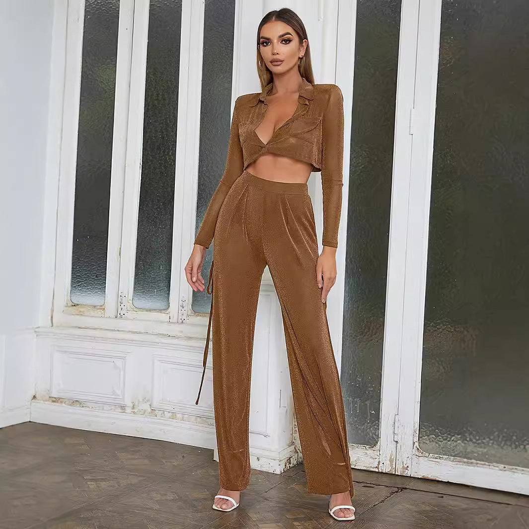 Women's Elegant Cropped Blazer Set with Side Slit and Long Sleeves