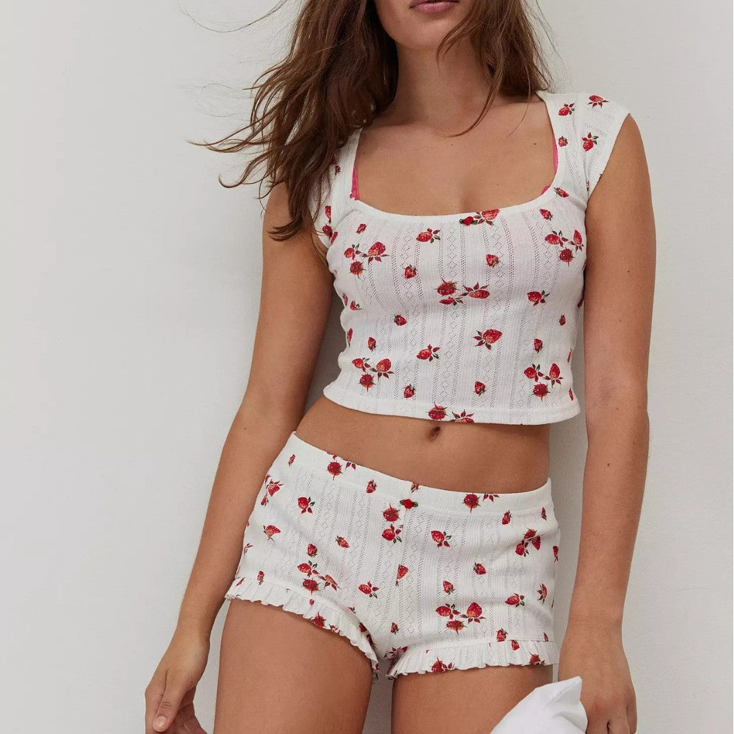 Women's pajama set with floral design and ruffle trim