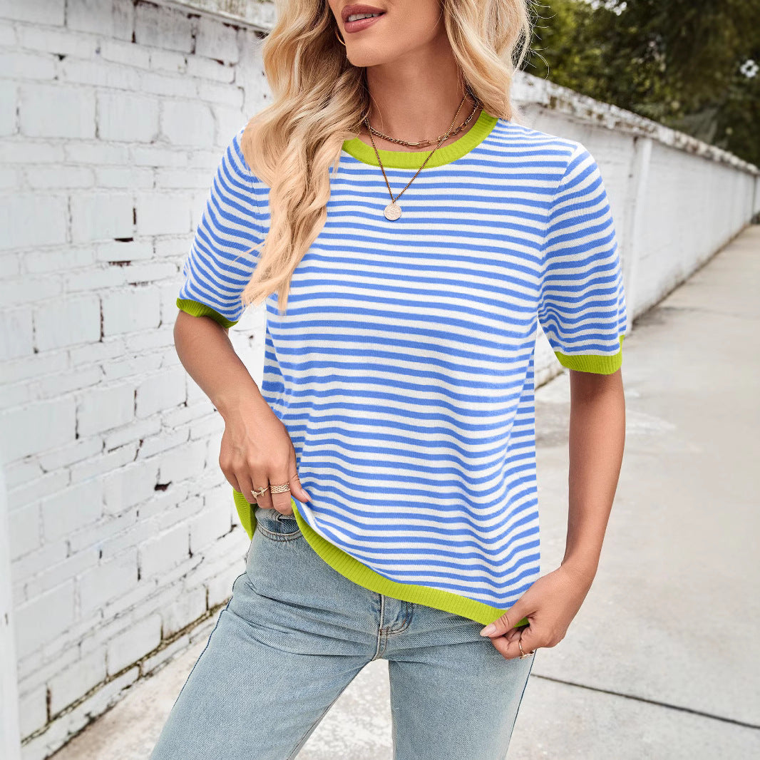 Women's comfortable striped casual blouse with contrast collar