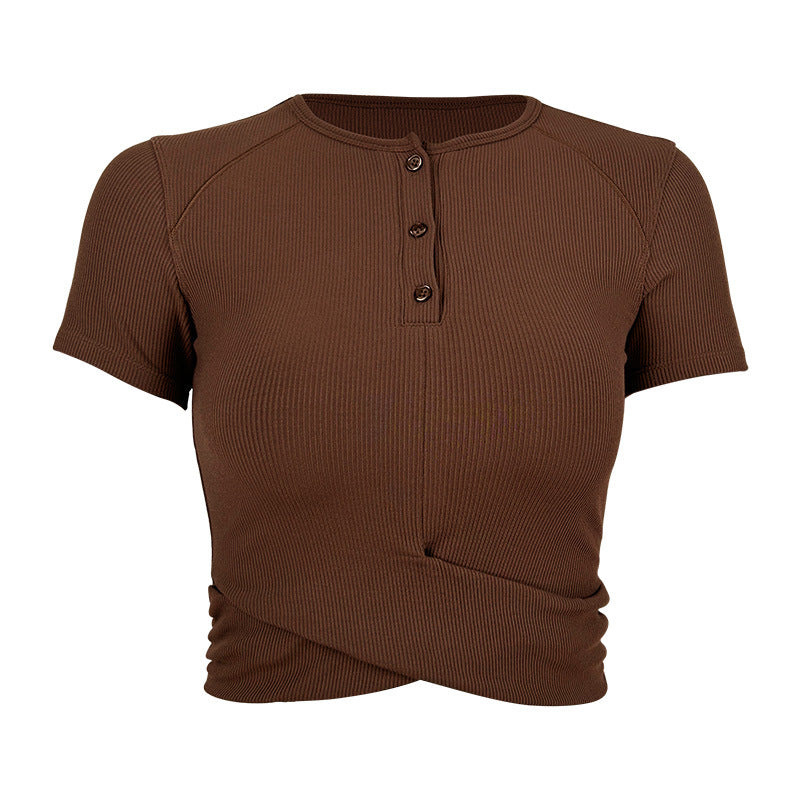 Women's fashionable short-sleeve Henley top with elastic rib design