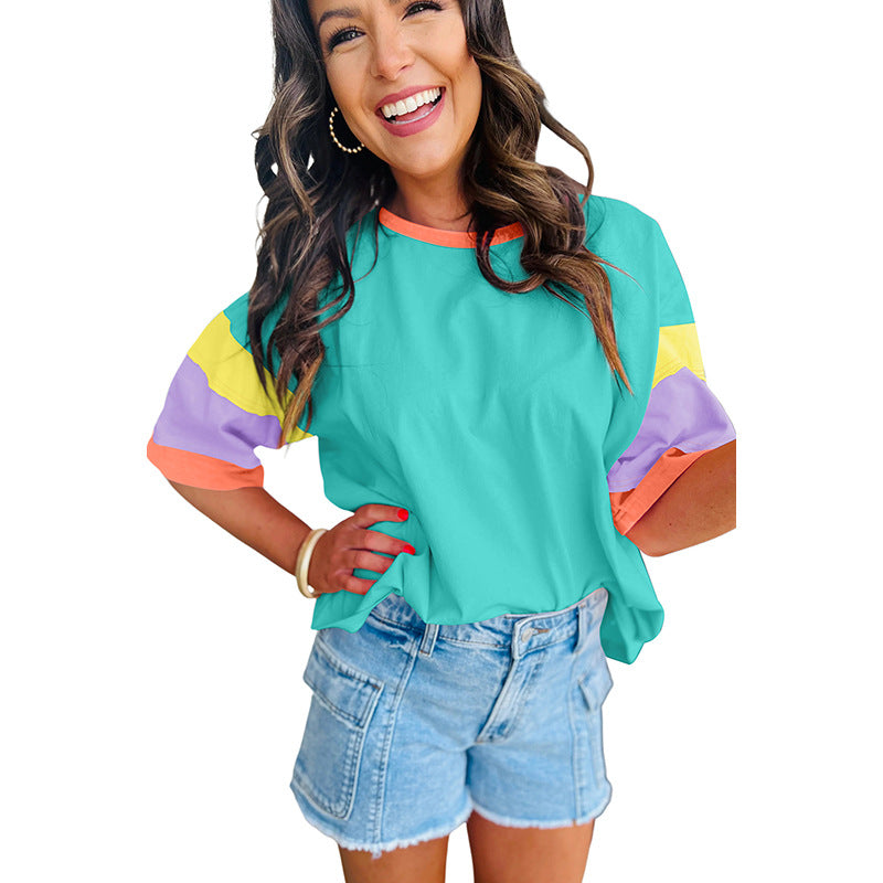 Women's Casual T-Shirt with Colorful Sleeves