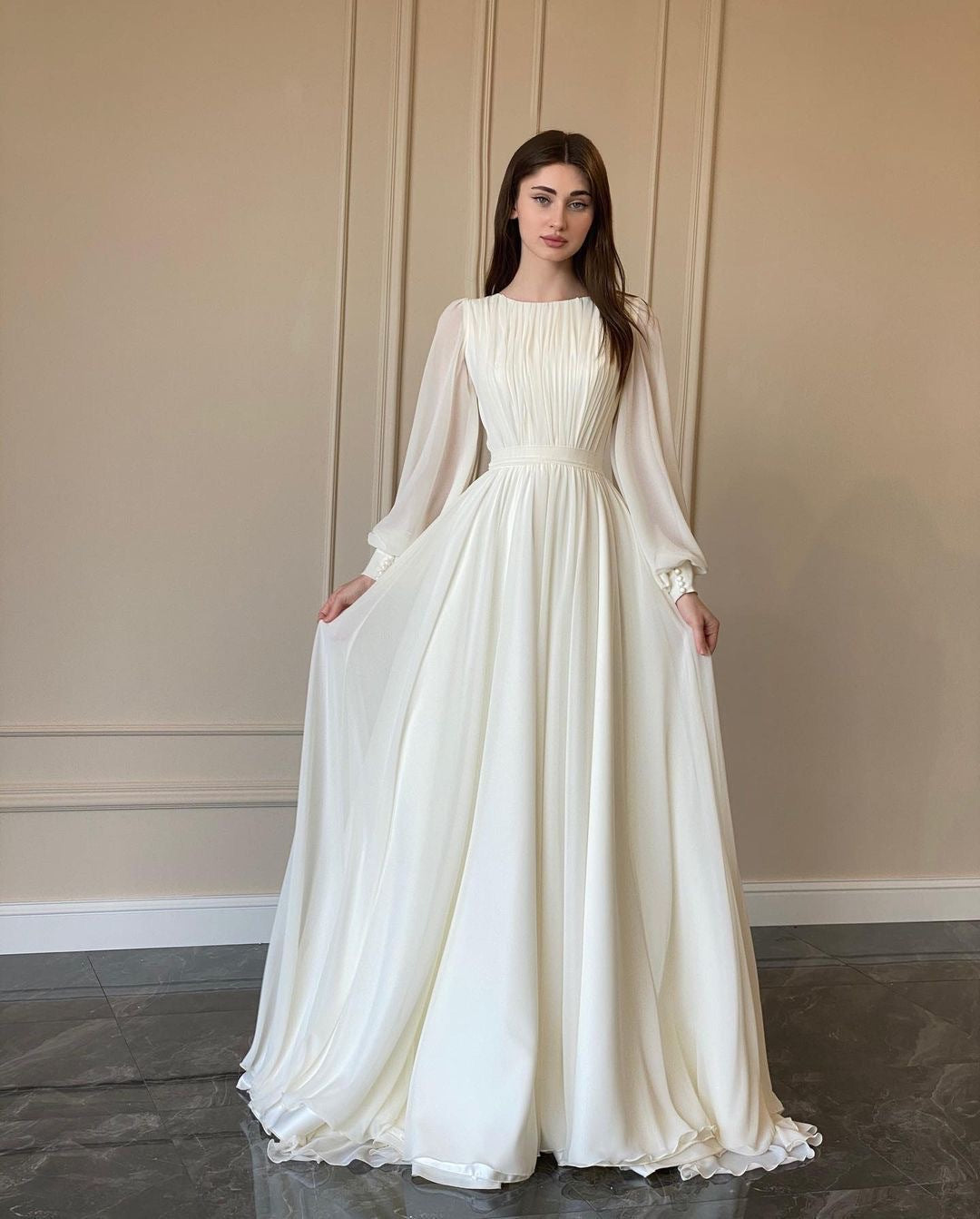 Transparent White Wedding Dress Round Neck Long Sleeve Dress