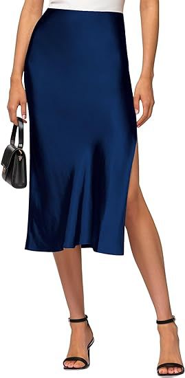 Women Satin Midi Skirt with High Slit