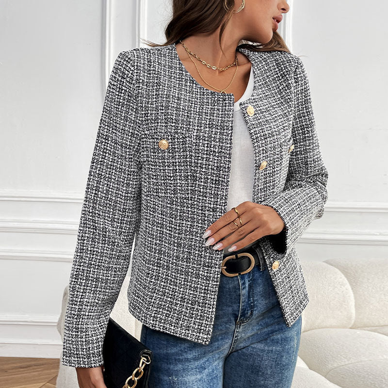 Women Elegant Tweed Jacket with Double Button Placket and Textured Fabric