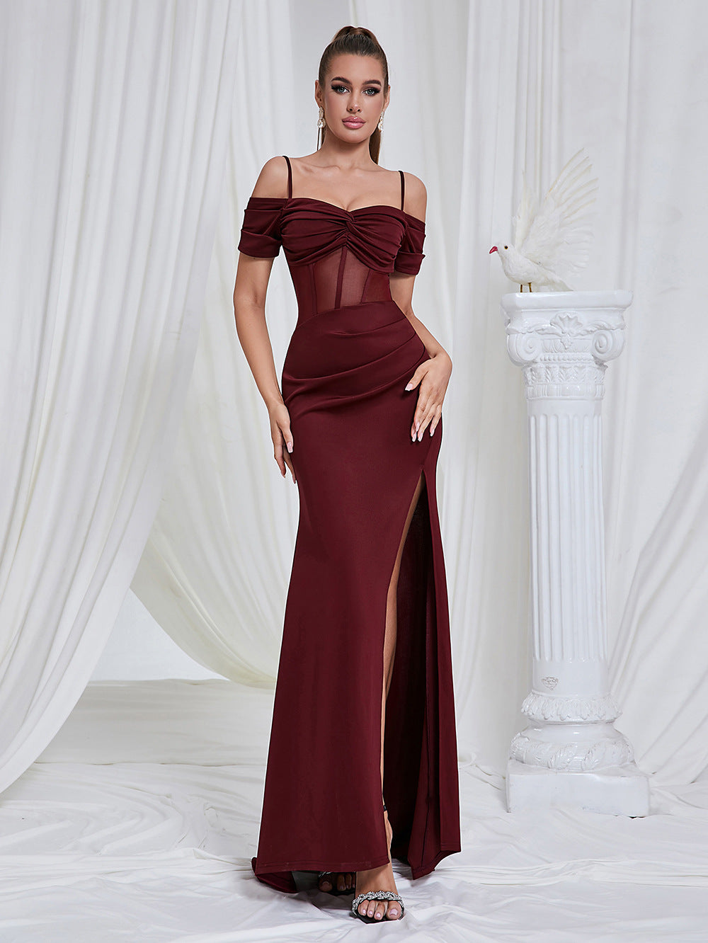 Women's Elegant Maxi Dress with Gatherings and Side Slit