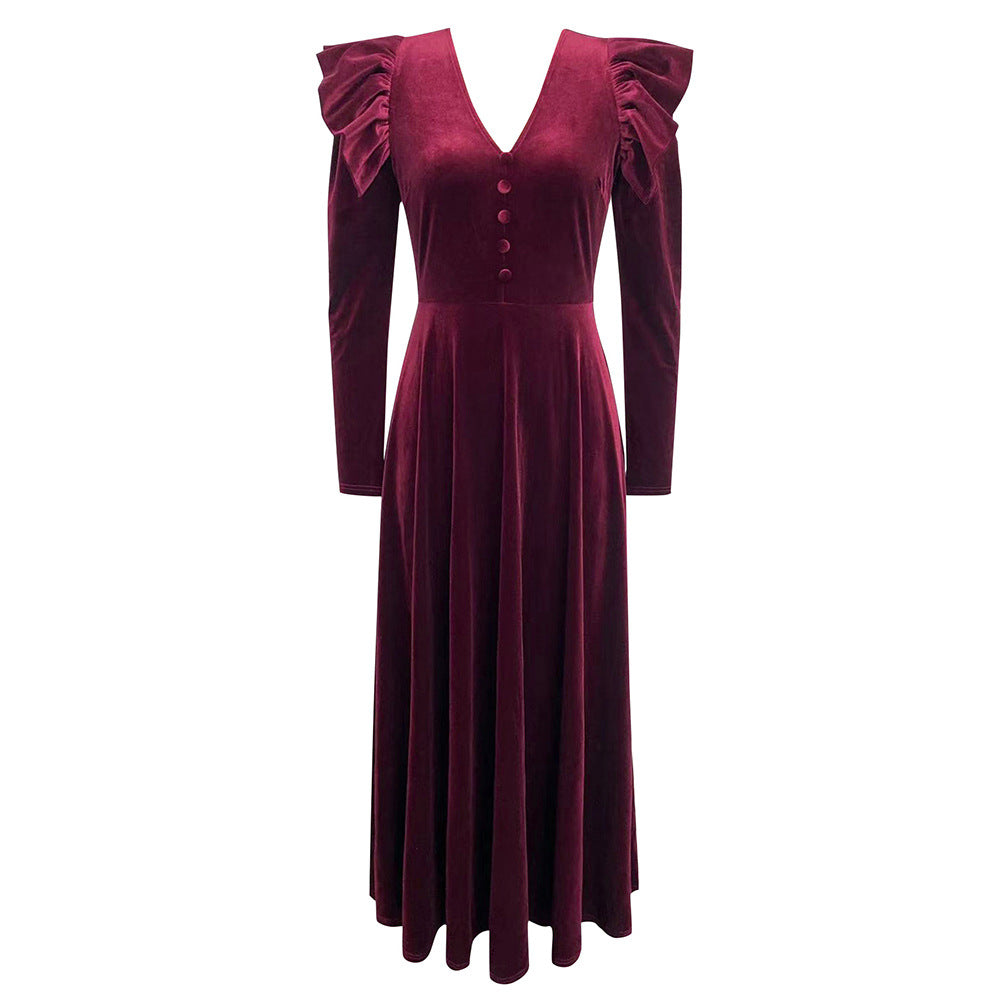 Ladies Elegant Maxi Dress with Ruffle Details and Deep V-Neck