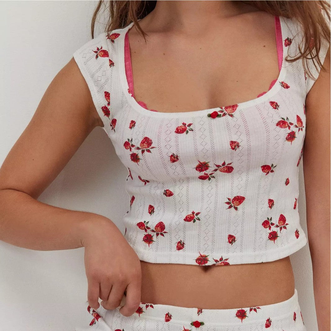 Women's pajama set with floral design and ruffle trim
