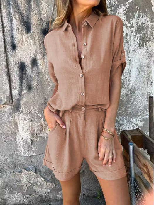 Women's casual jumpsuit with buttoned top and practical waist drawstring