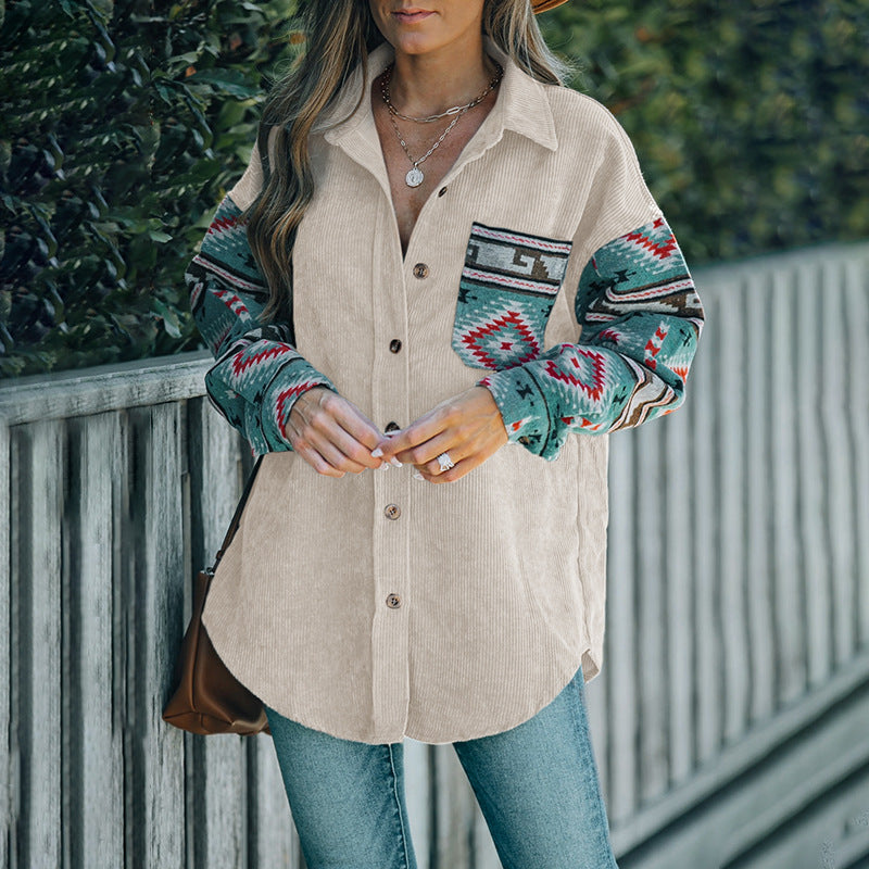 Ladies cord jacket with decorative ethnic pattern