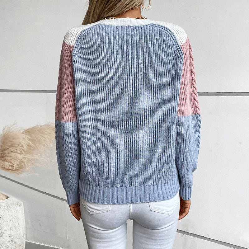 Ladies fashionable knit pullover with geometric pattern and cable ribs