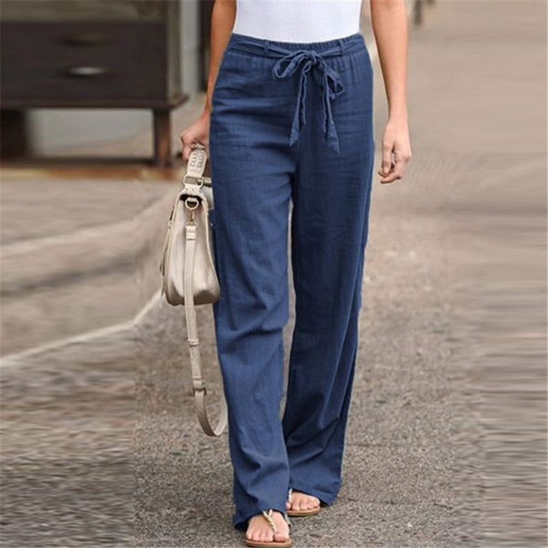 Women's comfortable linen pants with elastic waistband and adjustable tie belt