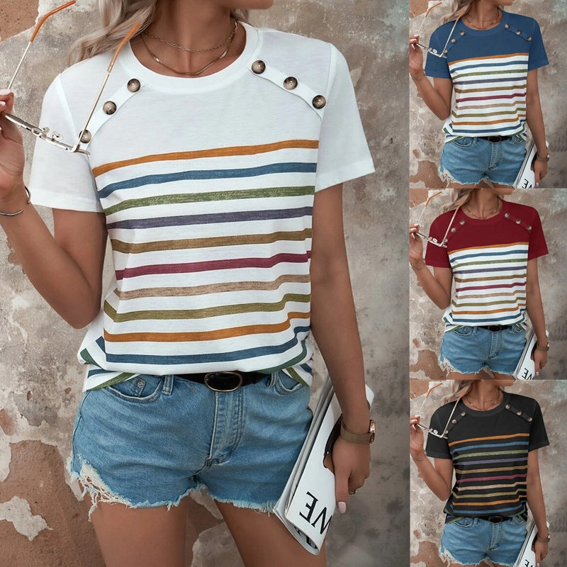 Women striped T-shirt with stylish button details and round neck