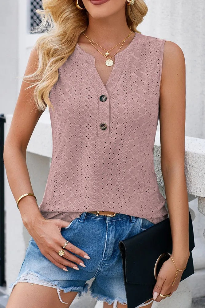 Women's sleeveless blouse top with button-decorated details and fine lace pattern