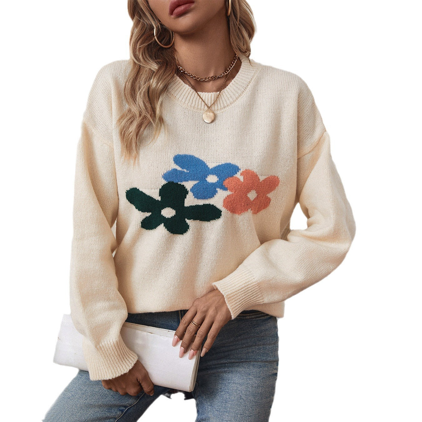 Ladies casual pullover with floral patterns and round neck