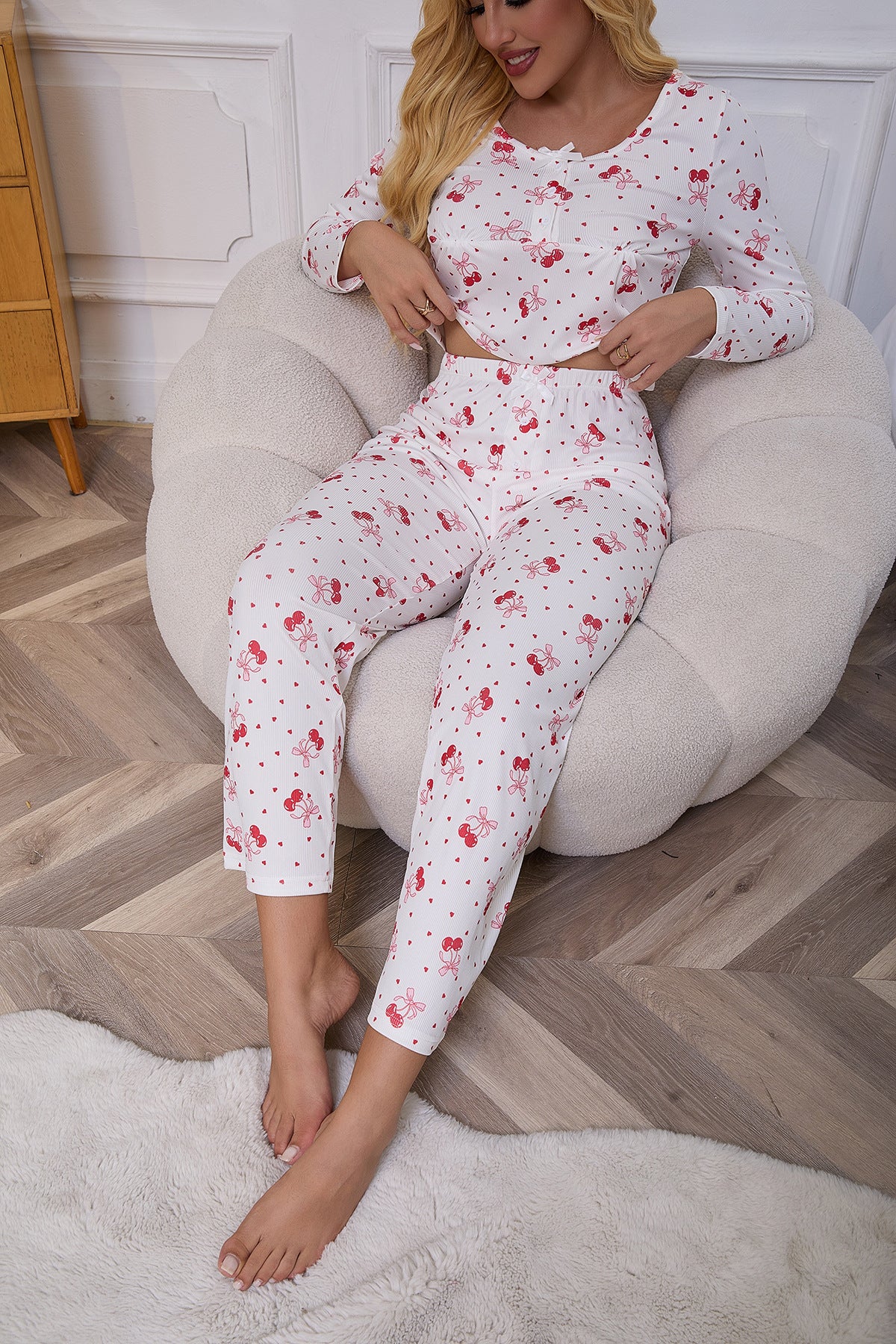 Women's pajama set with cute floral pattern and cozy details