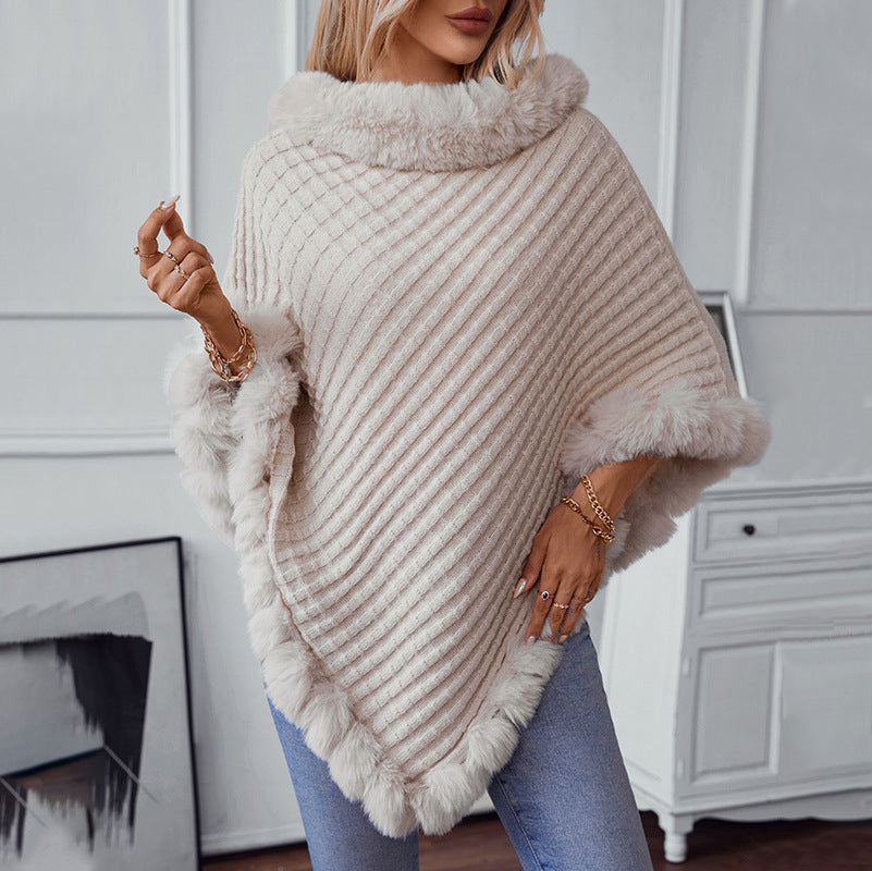 Women's cozy knitted blanket with luxurious faux fur trim