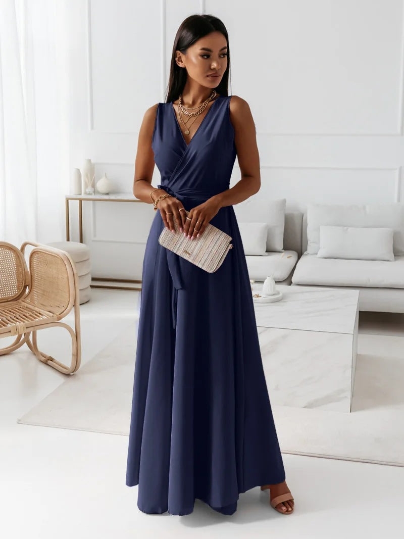 Women Solid V-neck Long Dress